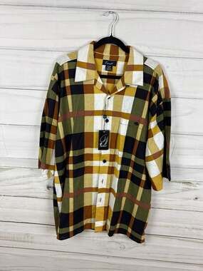 Trust Men's XXL Linen Blend Oversized Plaid Short Sleeve Camp Shirt